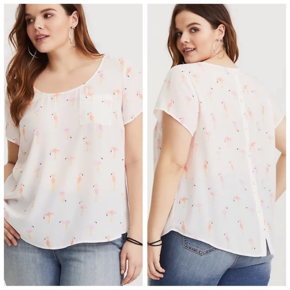 TORRID ABBEY white Flamingo Georgette Button Back Short Sleeve Blouse size 0